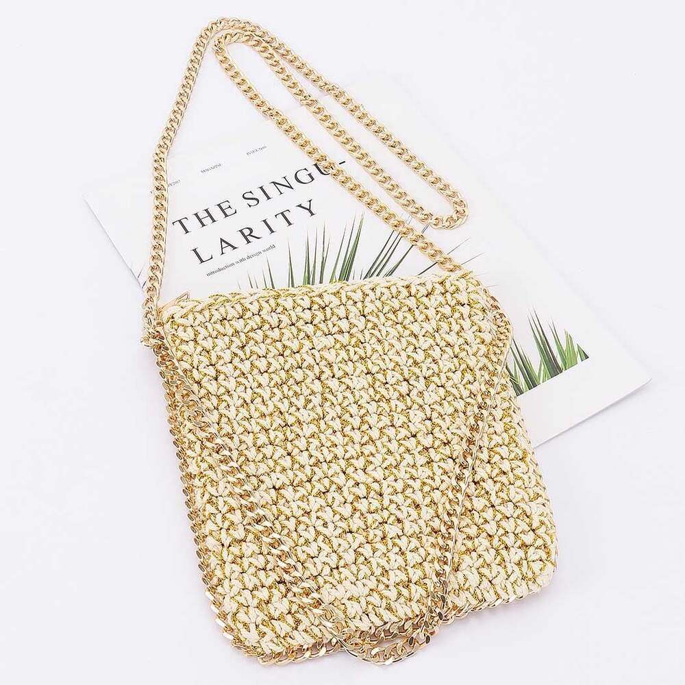 Gold Metallic Cotton Crochet Crossbody  Bag with Gold Chain Detail and Strap